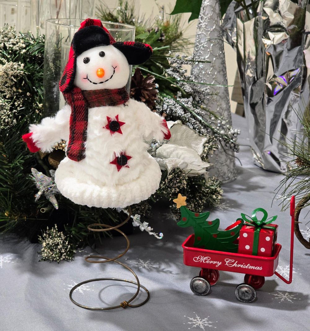 Snowman Christmas Tree Topper – Upcycled Bedspring, Plaid Scarf, Trapper Hat, Red Mittens, Star Button Holiday Decor