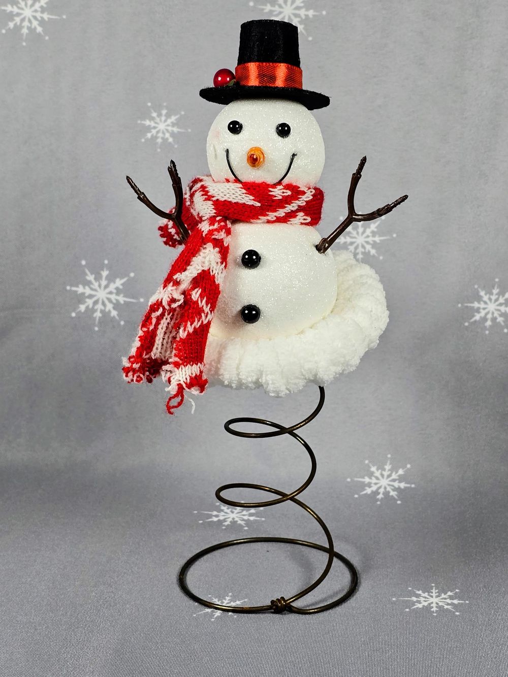 Snowman Christmas Tree Topper – Upcycled Bed Spring, Red & White Scarf, Black Top Hat, Glittery Tabletop Holiday Centerpiece