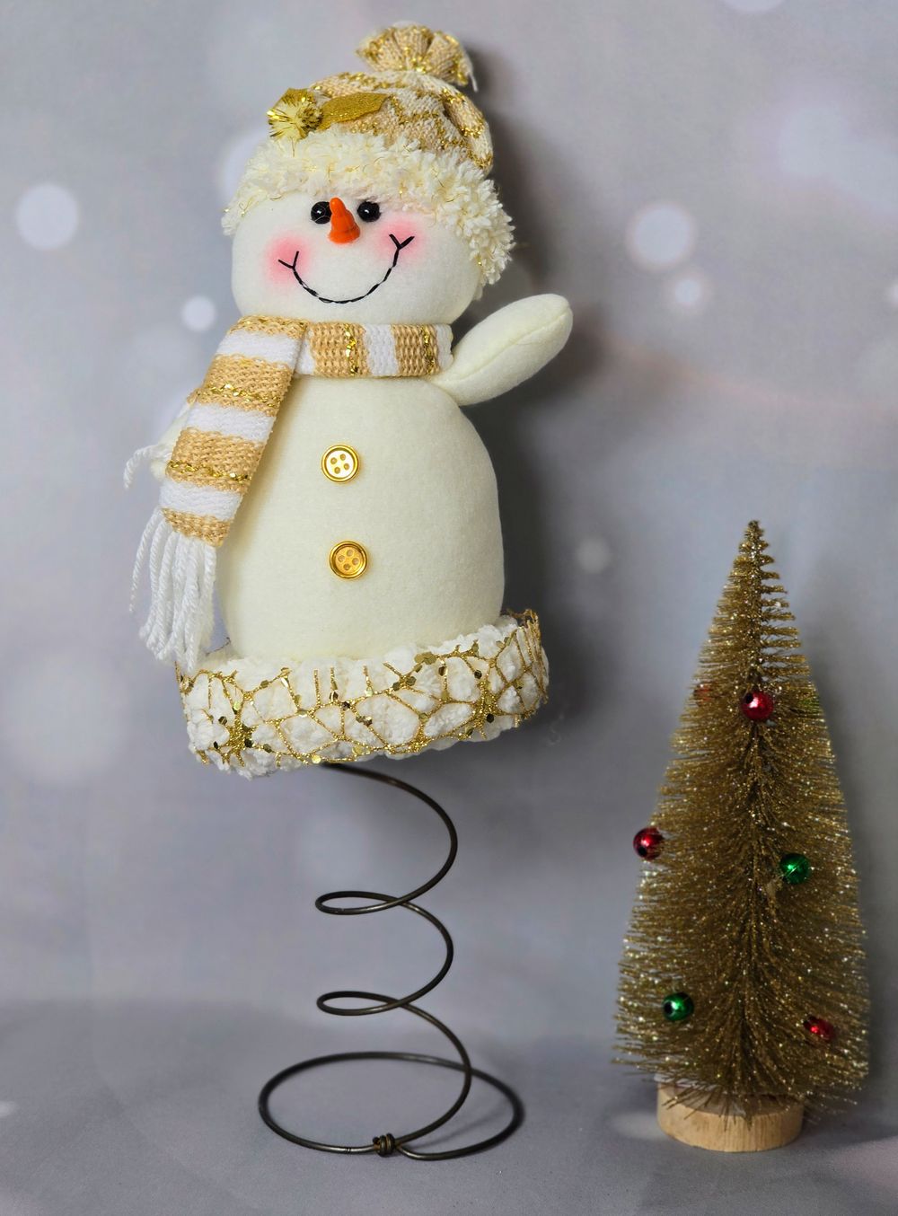 Gold & Cream Snowman Tree Topper – Elegant Handmade Christmas Decor
